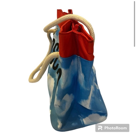 Moschino | Vintage 1990s Cloud Print Bag Red Blue Tote Logo Rope Handles - Picture 4 of 8